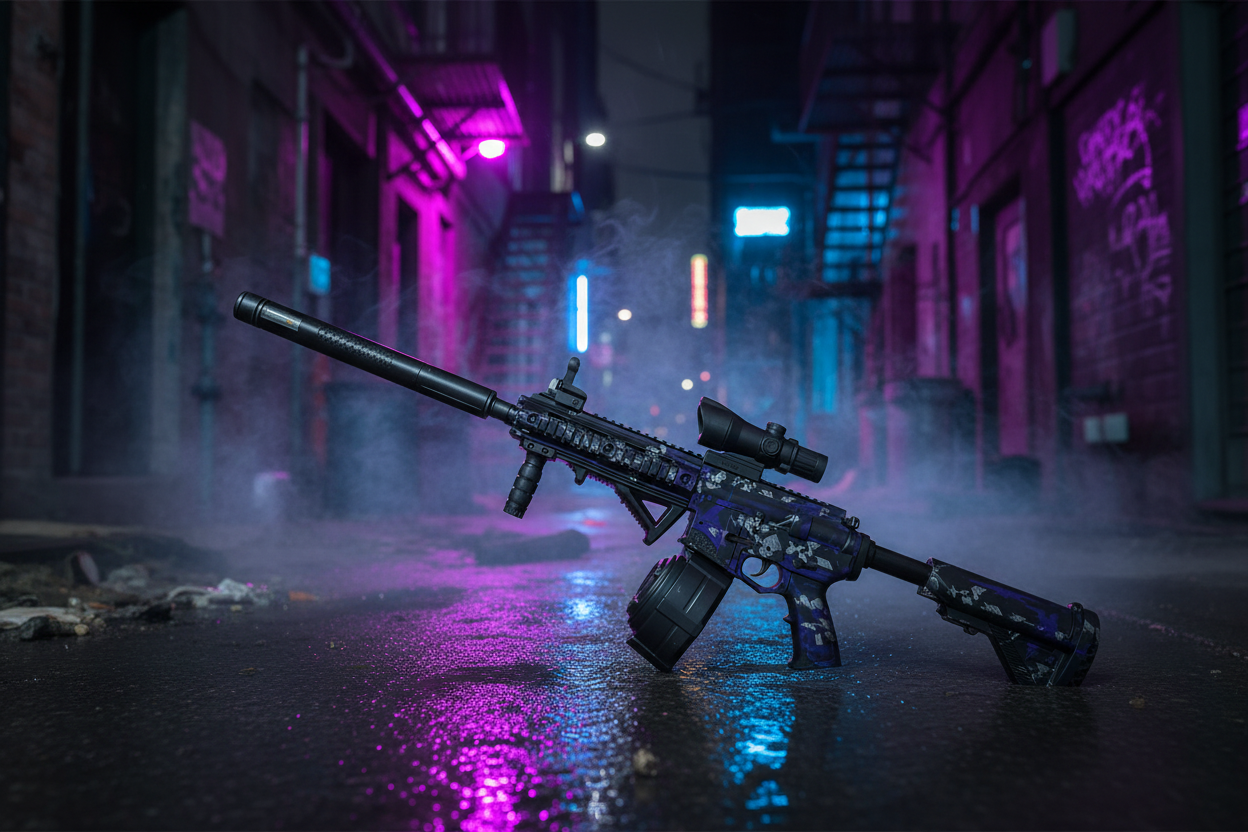 Purple Skull Gel Blaster - Cyberpunk Background